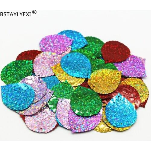 100pcs Factory price Laser Mix Color Leaf Sequins Garment Accessories DIY Apparel Sewing Fabric Have hole Bags Crafts 36x30mm