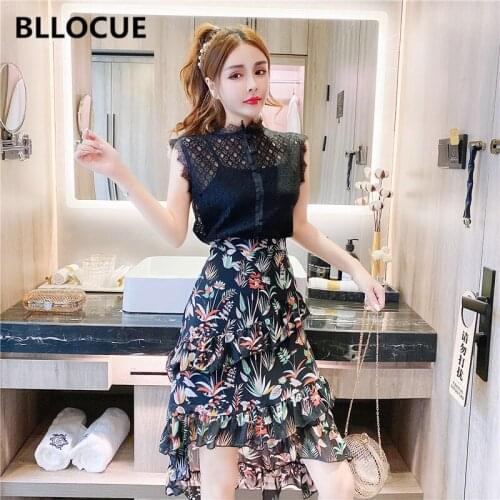 BLLOCUE Summer Women Sexy Hollow Out Lace Shirt+Small Suspenders+High Waist Ruffled Printed Irregular Skirt Three-Piece Suit