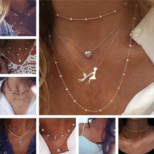 Multilayer Fish Tail Moon Stars Hamsa Hand Chain Necklaces for Women 1 Piece Vintage Bohemian Jewelry Trinket