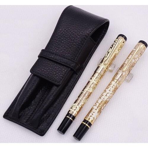 Jinhao 5000 Yellow Golden Fountain Pen & Roller Pen with Real Leather Pencil Case Bag Washed Cowhide Pen Case Holder Writing Set
