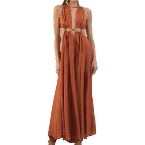 Boho Long Dress Sundress Halter Neck Strap Wrapped Chest Sexy Backless Hollow Irregular Beach Dress Women Summer Elegant Robe