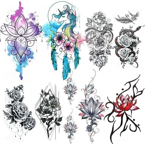 Dreamcatch Unicorn Temporary Tattoos For Women Adults Realistic Fake Lotus Rose Tatoos Colorful Snake Flower Tattoo Body Art Arm