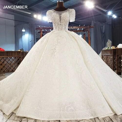 HTL1983 Elegant Extravagant Sequin Crystal Pearls Wedding Dress 2020 V-Neck Short Sleeve Lace Up Back