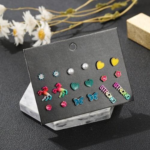 Ethnic bohoe mixed small enamel heart flower rhinestone pearl stud earring set for women girl wedding wholesale jewelry gift