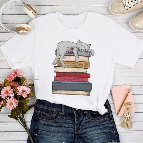 T-shirts Women Cartoon Cat Sleep 90s Printing Trend Spring Summer Tshirt Top Lady Stylish Sweet Print Clothes Tee T-Shirt