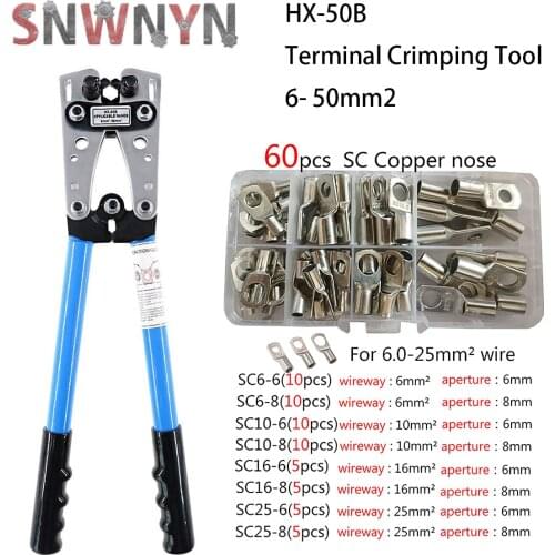 HX-50B 6-50mm2 Crimping Pliers Wire Crimp Connector Bare Cable Crimping Tool 60pcs SC Assortment Car Auto Copper Ring Terminals