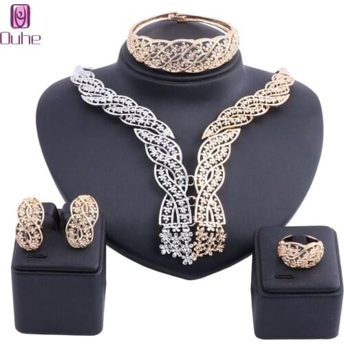 Nigerian Jewelry Set For Women Customer Dubai Gold Colorful Jewelry Set Fashion Necklace Earring Ring Bangle Gift Set 3 Colors