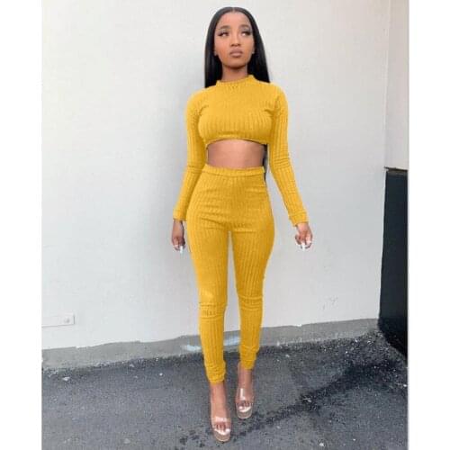 Imcute Ribbed Casual Autumn2 Two Piece Set Women Outfits Elastic Crop Top Leggings Women Matching Sets Ladies Tracksuit Female