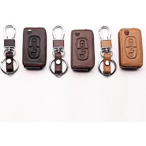 High quality leather key cover for Peugeot RCZ 206 207 306 307 308 407 408 for Citroen C2 C3 C4 C4L C5 C6 2 buttons car styling