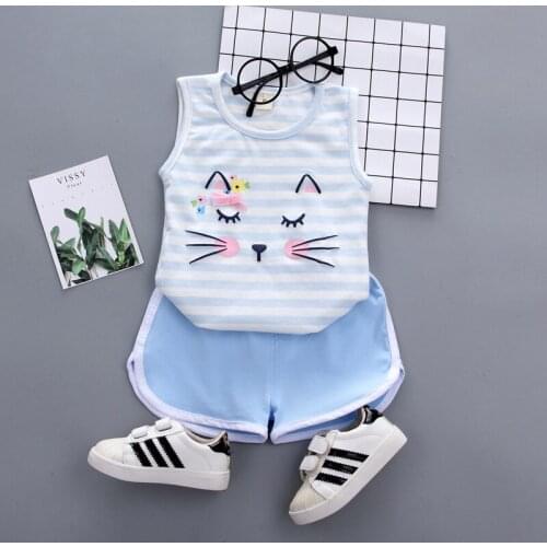 Summer Children Fashion Clothes Baby Boys Girls Cartoon Strips Cat Vest Shorts 2Pcs/sets Kids Infant Outfit Toddler Tracksuit