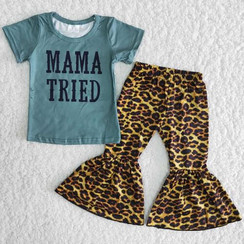 2020 New design short sleeves+Leopard flare pants clothing outfits boutique clothing sets for the baby girls