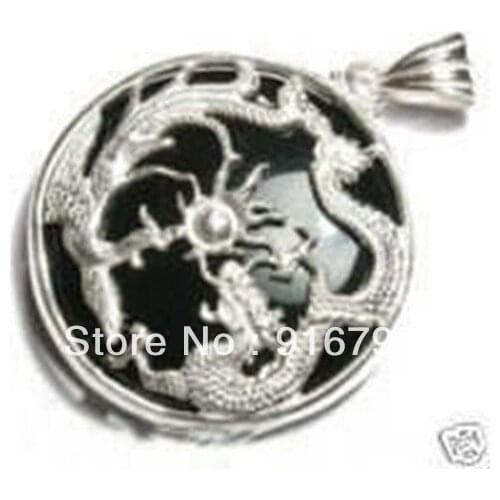 Wholesale free shipping******Black stone silver dragon phoenix pendant necklace
