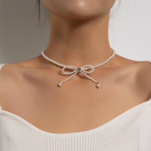 Simple Pearl Bead Chain Choker Necklace Bohemian Simulated Pearls Butterfly Necklace Women Crystal Tassel Clavicle Chian Jewelry