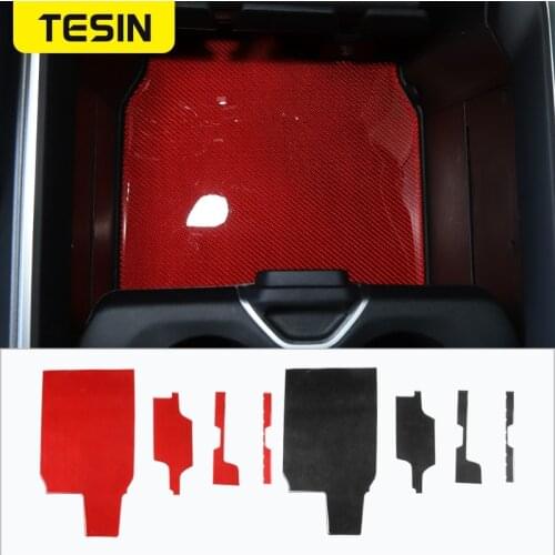 TESIN Carbon Fiber Car Armrest Box Lower Groove Pad Gate Slot Mat Anti-Slip Cup Mats Pads For Dodge RAM 2018 Up Car Accessories