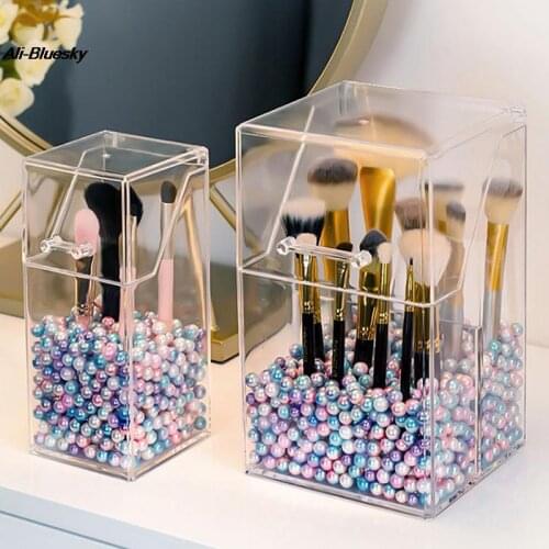 Makeup Brush Holder Transparent Acrylic Organizer With Dustproof Cover And Pearl NEW