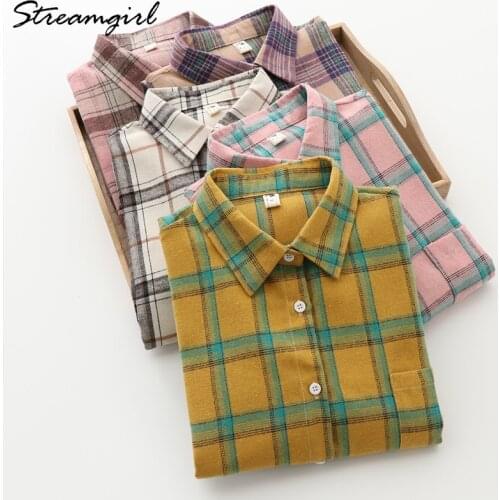 Brown Plaid Shirt Women Cotton Top And Blouses Long Sleeve Oversized Blouses Loose Tops Female Spring Vintage Shirts For Women