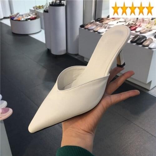 Toe Summer Shoes Women Pointed Slip On Pu Leather Office Ladies Thin High Heels Slippers Fashion Sexy Sandals White