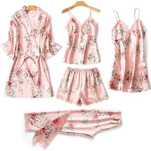 Women Satin Print Flower Sleepwear Pajamas Set V-Neck Lace Pyjamas Kimono Robe Gown Sexy Home CLothing Casual Loose Nightwear