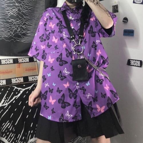 Butterfely Blouse Shirt Loose Summer Oversize Shirt Women Harajuku Punk Long Sleeve Tops Tee Hip Hop Striped Clothes Shirt Girls