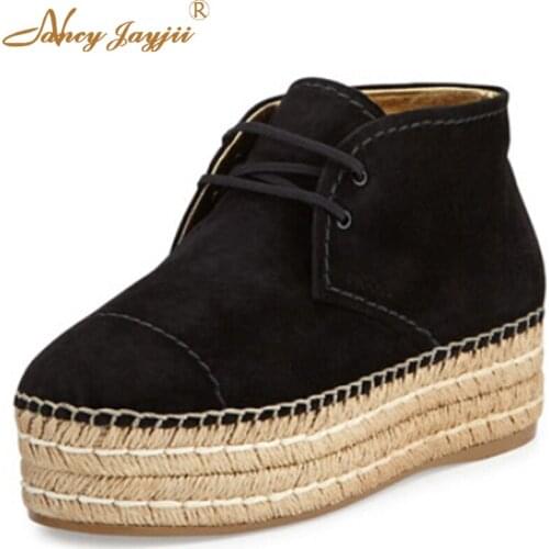 Woman Shoes Black Flat Platform Soft Suede Espadrille Chukka Boot With Tonal Topstitching Big Size 4.5-14