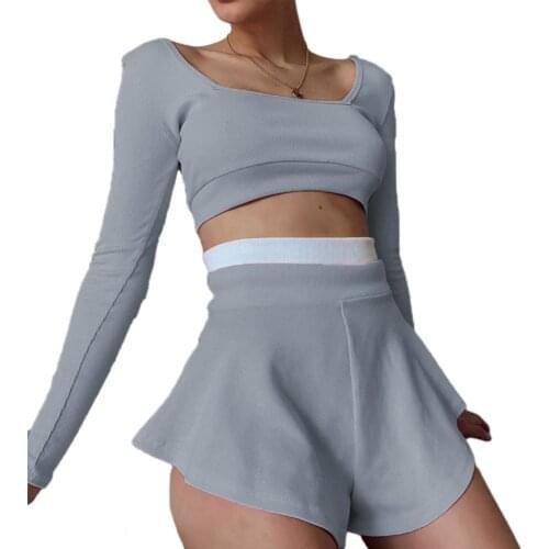 Women Outfit Color Block Slim Casual Long Sleeve Top Culottes Shorts for Fitness Crop Top Shorts Set Long Sleeve Top Wide Leg Sh
