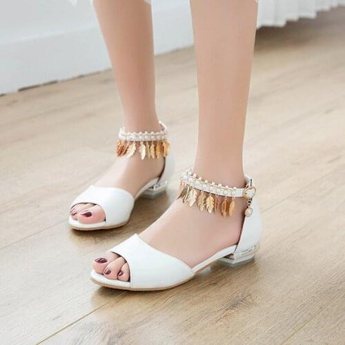 YMECHIC Cute Lovely Ankle Strap Tassel Leaft Crystal Ladies Shoes and Sandals Peep Toe Party Beach Shoes Blue White Summer 2019