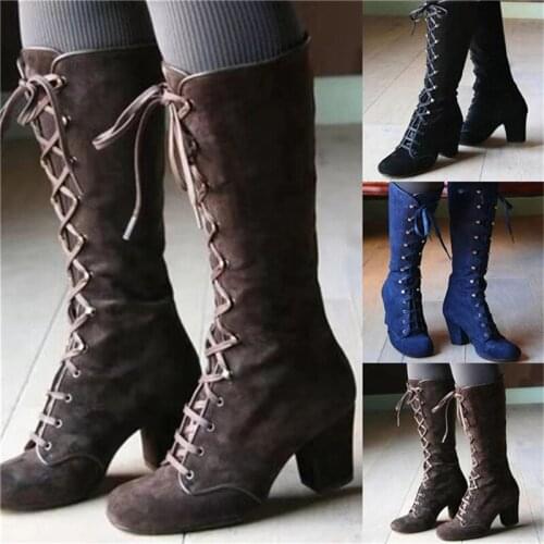 2021 Black Boots Women Shoes Knee High Women Casual Vintage Retro Mid-Calf Boots Lace Up Thick Heels Shoes Обувь Женская