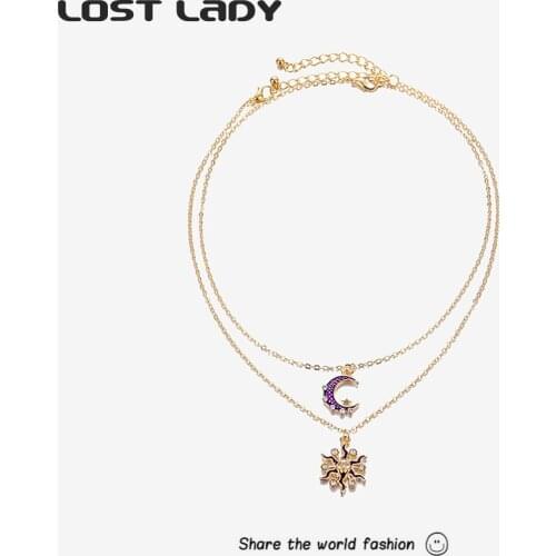 Lost Lady New Rhinestone Moon Star Pendant Necklace For Women Gold Color Alloy Multilayer Necklace Wholesale Jewelry Party Gifts
