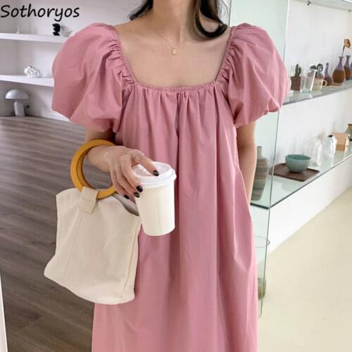Short Puff Sleeve Dress Women Square Collar Ankle-length Backless Solid Simple Dresses Female Temperament Pleated Preppy Style