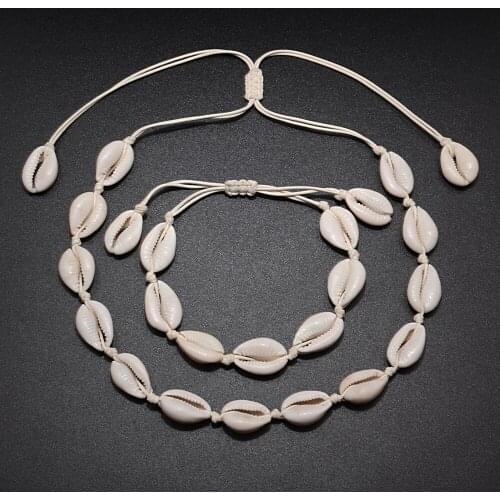 2 pcs/set Lover Gift Seashell Necklace Bracelet Nature Shell Adjustable Necklace Charm Boho Choker Handmade Bracelets Jewelry