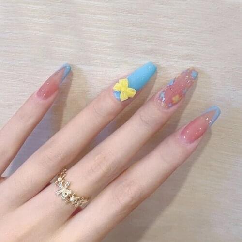 High Quality 24pcs Bow Flower Printed Nail Patch Glue Type Removable Long Paragraph Fashion Manicure Save Time False Nail Patch