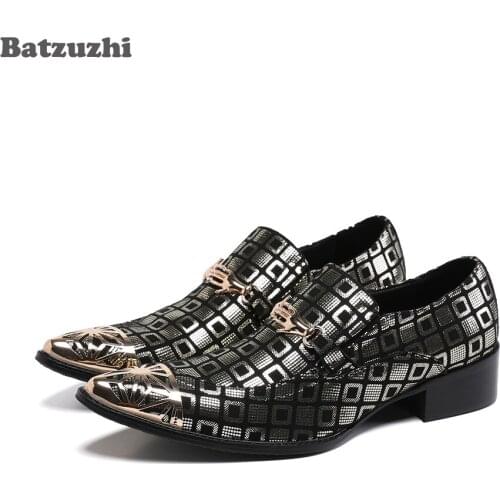 Batzuzhi Luxury Handmade Men Shoes Pointed Metal Toe Leather Dress Shoes Men Formal Business/Party Chaussures Hommes, 38-46