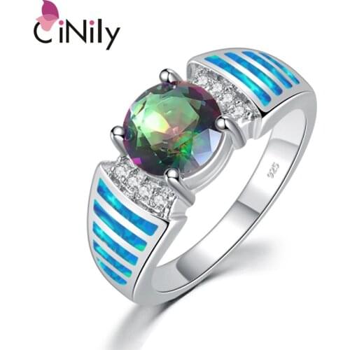 CiNily Blue Fire Opal Large Rings Silver Plated Rainbow Mystic Zirconia Stone Ethnic Tribe Vintage Jewelry Gifts for Man Woman