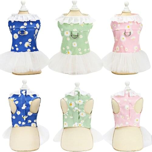 Denim Dog Dress Harness For Pet Cat Traction Princess Skirt Spring Jeans Cat Dresses For Small Dogs Yorkshire Lace Dog Clothing