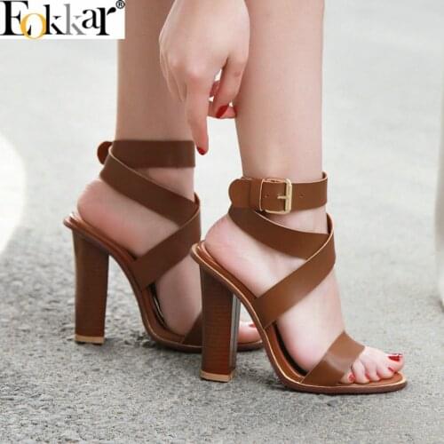 Eokkar 2019 Brown Chunky High Heel 12cm Slingbacks Pumps Shoes PU Leather Open Toe Party Wear Dress Heels Plus Shoes Size 34-43