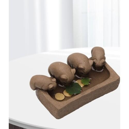 Ceramic Pig Figurine Chinese Zisha Purple Clay Four Piggy Statue Decoration Home Office Gongfu Teatray Accessories