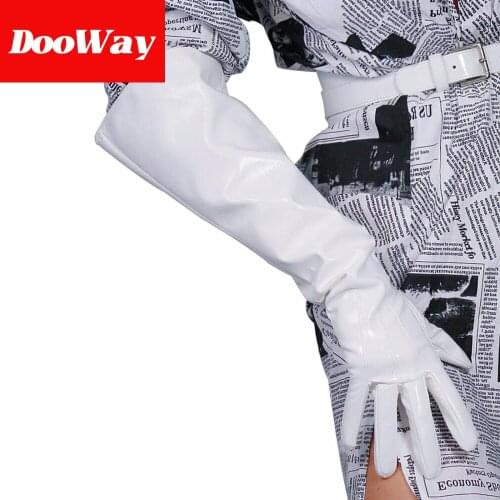 DooWay Unisex Leather GLOVES with Wide Sleeves Wetlook Patent Latex White Party Driving Cospaly Show