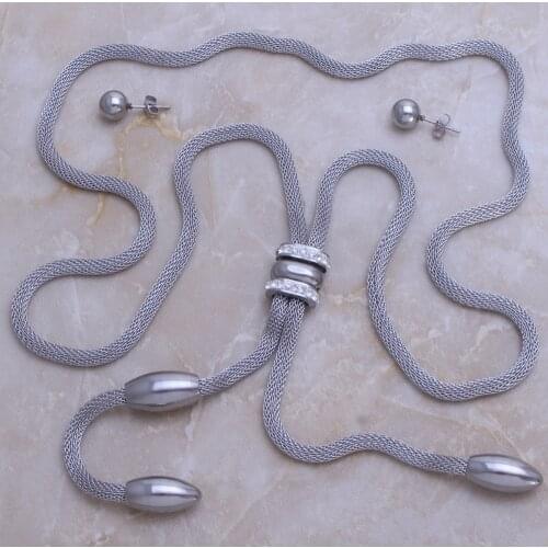 Fashion Jewelry Stainless Steel Round Ball Pendant Long Necklace & Earrings Set For Woman Bijoux En Acier Inoxydable SE119003