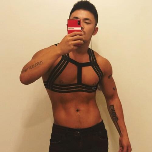 Sexy Men Polyester Chest Harness Men Black White Bondage Costumes Wetlook Halter Neck Nightclub Hollow Out Clothing Clothes