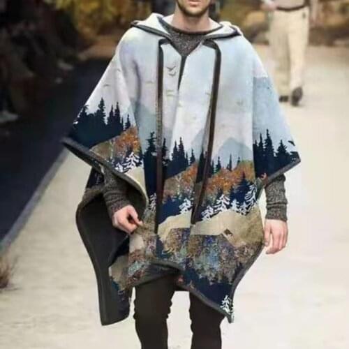 Autumn Winter Men Women Shawl Jackets Vintage National Pattern Printed Woollen Poncho Hooded Coats Ladies Loose Cape Outwear