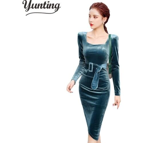 Autumn Women Velvet Dress Winter Long Sleeve Pleated Dress Female Elegant Party Midi Vestidos