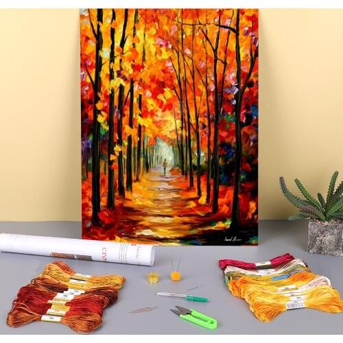 Autumn Red Alley Printed Water-Soluble Canvas 11CT Cross-Stitch Complete Kit DIY Embroidery DMC Threads Promotions
