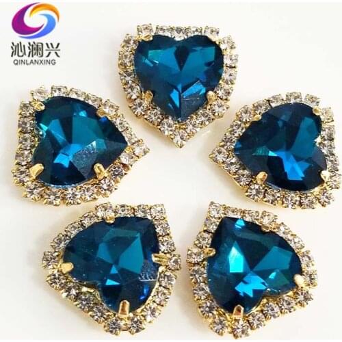 Free shipping 10pcs Gold bottom Peacock blue heart shape Crystal glass buckle,sew on rhinestones for Diy/jewelry accessories