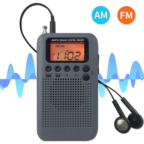 HRD-104 Portable AM/ FM Stereo Radio Pocket 2-Band Digital Tuning Radio Mini Receiver Outdoor Radio w/ Earphone Lanyard 1.3 Inch