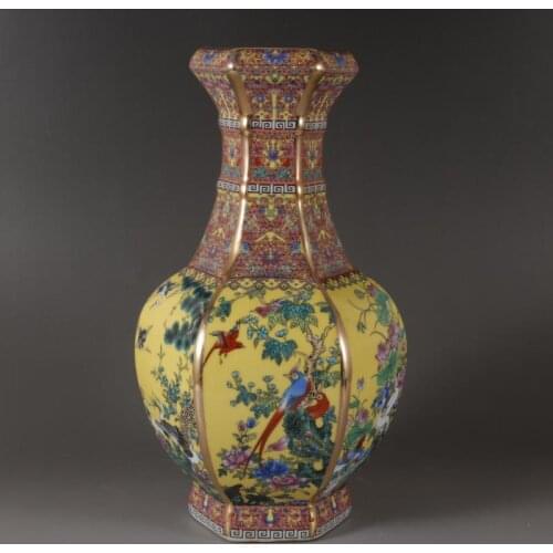 Qianlong Enamel Hexagon Vase Gold Flowers And Birds Chinese Classical Home Furnishing Vase Antique Ornaments