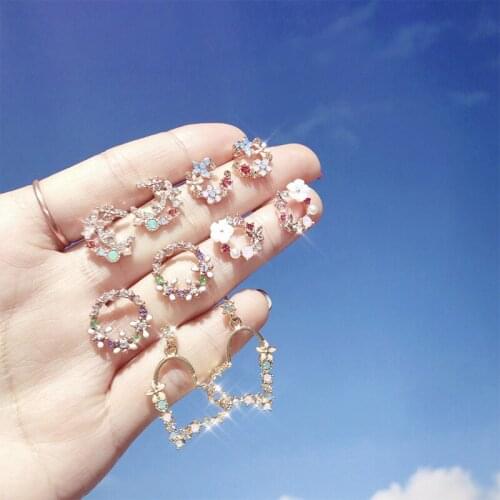 Silver Color Sweet Petal Pearl Circle Stud Earrings Womens Girl Crystal Flower Earrings