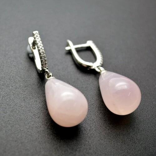 10pc Natural Rose Quartz Pink Waterdrop Dangle Earrings Rhinestone Setting Silver Hooks Fashion Earrings Lucky Women Jewelry