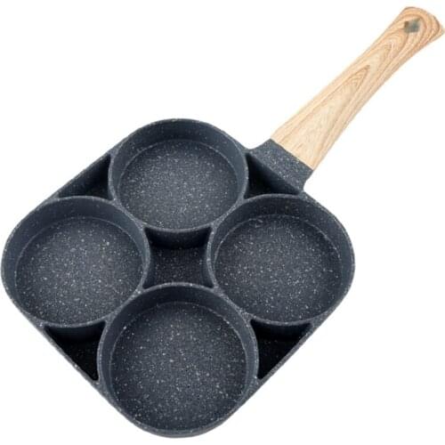 HOT 4-Cup Non-Stick Egg Pan,7.5 Inch Aluminum Egg Frying Pan, Wood Grain Handle Pancake Pan, For Frying Eggs, Burgers