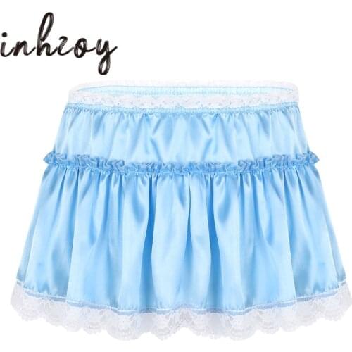 Hot Sexy Mens Sissy Lingerie Smooth Satin Elastic High Waist Lace Hem Ruffled A-line Micro Mini Skirts for Male Gay Underwear