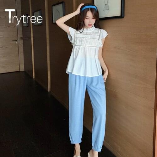Trytree 2020 Summer Women Two Piece Set Casual Stand Collar Hollow Out Blouse Tops + Pants Solid Pockets Fashion Set 2 Piece Set